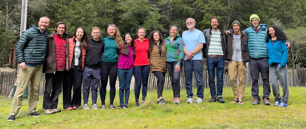 Picture of lab group at our lab Retreat at Angelo Coast Range UC Reserve 2022
(Left to Right: Eli Mehlferber, Asa Conover, Emily Dewald-Wang, Dominique Holtappels, Julia Sherman, Reena Debray, Claire Evensen, Kate Ennis, Britt Koskella, Steve Lindow, Kyle Meyer, Kama Chock, Milo Johnson, and Sara A.)